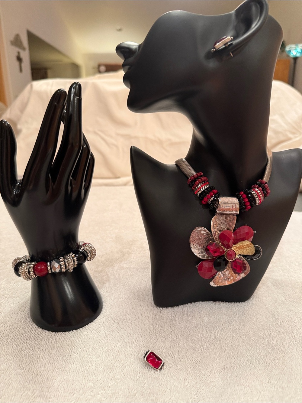 Handcrafted Silver & Red Flower Statement Necklace, Bracelet & Earrings Set